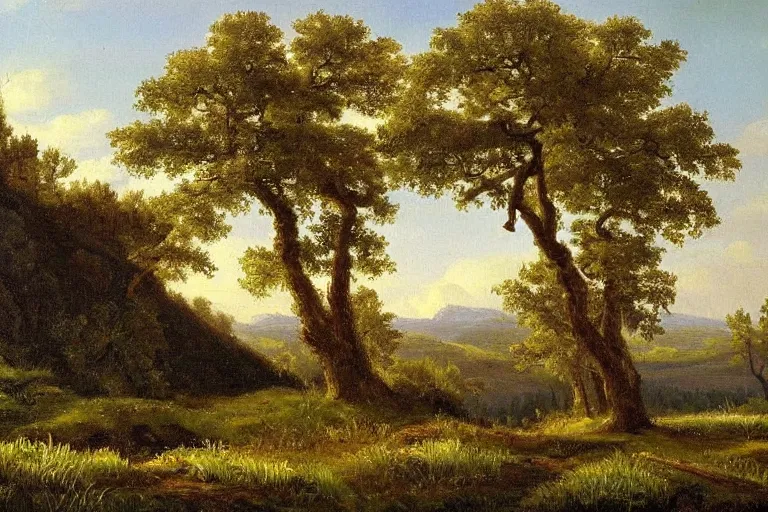 Image similar to masterpiece painting of oak trees on a hillside overlooking a creek, by gunnar mauritz widforss