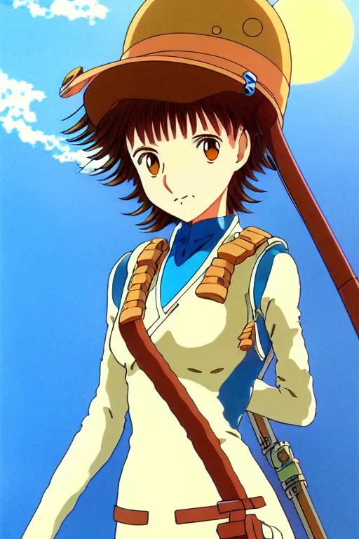 Image similar to anime art full body portrait character nausicaa by hayao miyazaki concept art, anime key visual of elegant young female, brown hair and large eyes, finely detailed perfect face delicate features directed gaze, sunset in a valley, trending on pixiv fanbox, studio ghibli, extremely high quality artwork