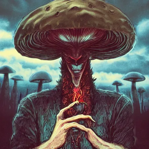 Image similar to 4 k headshot portrait of a psychedelic demonic anthropomorphic wendigo smoking a hand - rolled cigarette smoking heavily, magic mushroom village in background. award winning. superb resolution. in the art style of junji ito and greg rutkowski. detailed mushroom city in background. hyper realistic anime. perfect art. dalle 2