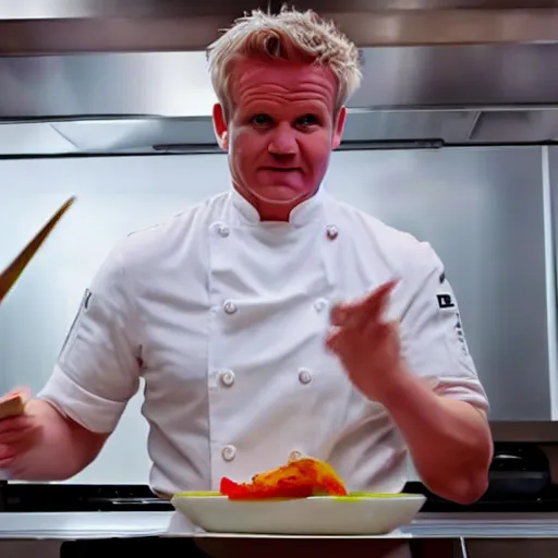 Image similar to hyper real Gordon Ramsey cooking a unicorn in kitchen 4k