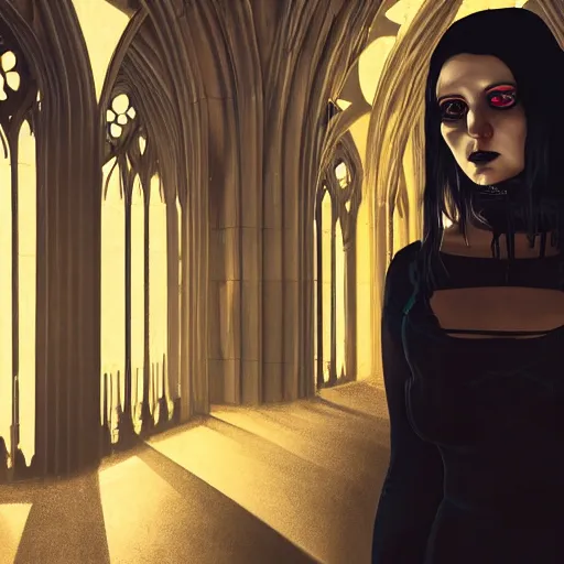 Prompt: a portrait of a sad cyberpunk long black hair women standing in a gothic catedral, soft lighting, golden hour, ahestetic, very detailed, super detailed, extremely beautiful,