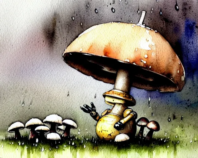 Image similar to a cute little robot sitting on the ground under mushrooms, hiding from the rain. gray sky, rain clouds, heavy rain. watercolor painting by jean - baptiste monge, muted colors