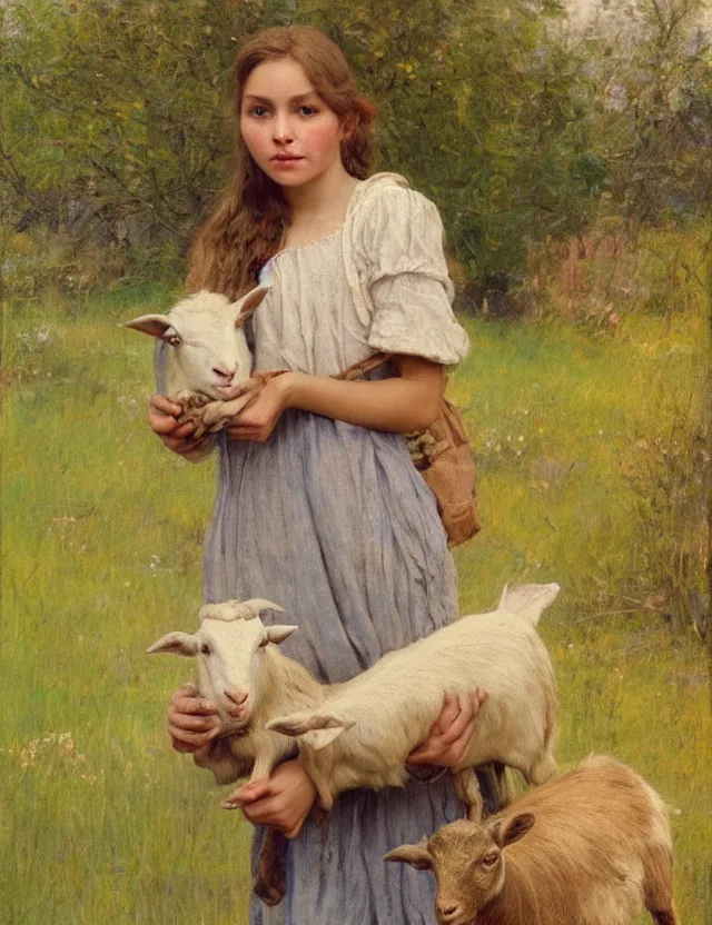 Image similar to portrait of peasant girl holding goat in her hands, cottage core, cinematic focus, polaroid photo bleached vintage pastel colors high - key lighting, soft lights, foggy, by steve hanks, by lisa yuskavage, by serov valentin, by tarkovsky, 8 k render, detailed, oil on canvas