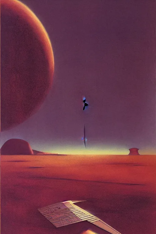 Prompt: emissary space by author haas and bruce pennington and john schoenherr, cinematic matte painting in a desert wasteland, zaha hadid building, dark color palate