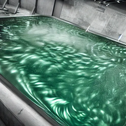 Image similar to swirling soft focus chrome liquid metal pools green, shining, smooth curves, liquidmetal, translucent, hologram