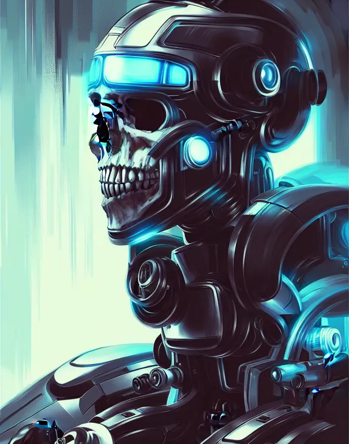 Image similar to skull - headed robot cyborg painting, illutstration, concept art, cyberpunk, futurism, comics art, artgerm, full body shot, wide angle