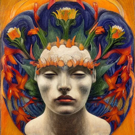 Prompt: facemask made of flowers, by annie swynnerton and jean delville and edward hopper and diego rivera and evelyn de morgan and rufino tamayo, dark flower shaman, art brut, outsider art, symbolist, dramatic lighting, god rays, elaborate geometric ornament, clean crisp graphics, smooth sharp focus, extremely detailed, adolf wolfli