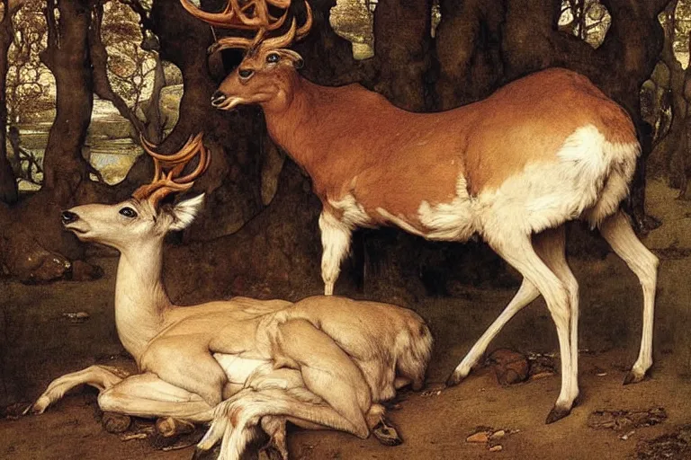 Prompt: Lama, Deer, Dog, Horse combined; fantastic sick beast. Skin of beast is infected exposed damaged skin inflated blisters by Arthur Rackham, Eugene de Blaas, Frederic Leighton, Tom Bagshaw, Ivan Shishkin, Hans Thoma, Asher Brown Durand