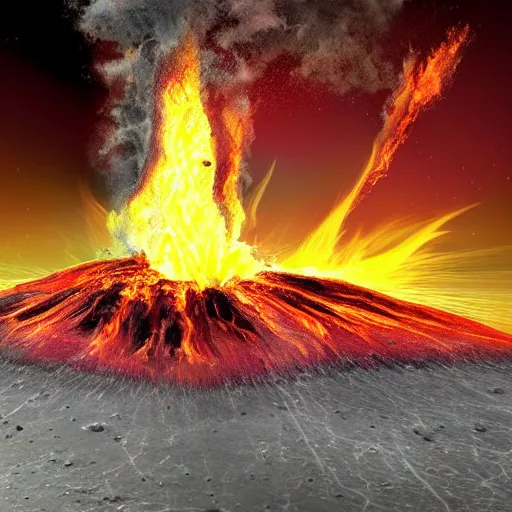 Prompt: fiery meteorite crashing into an active volcano, artist's impression