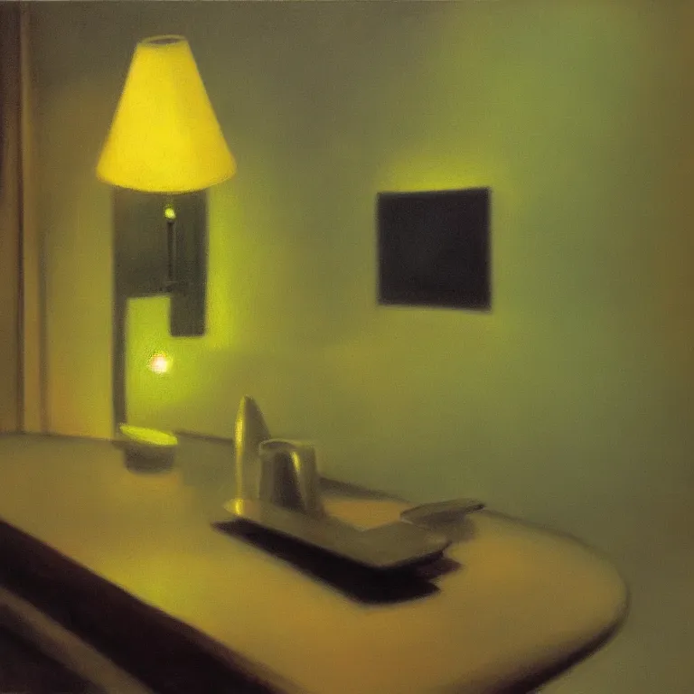 Prompt: half full water glass with light aberration and caustics, fog, early morning, , painted by Edward Hopper, painted by Wayne Barlow, airbrush