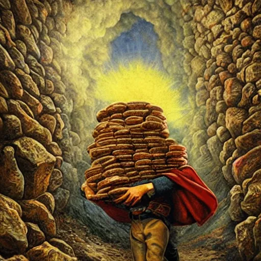 Prompt: Benjamin Netanyahu carrying sacks of money up a mountain in hell, by Michael Cheval