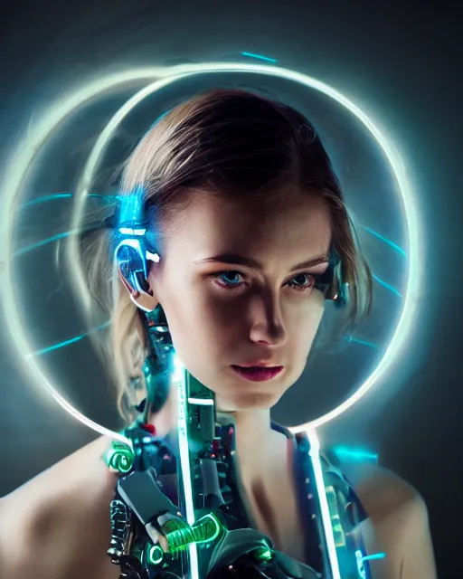 Image similar to photo of dreamy female as a solarpunk cyborg with fluorescent lamps around face, robotic body parts around neck and shoulders, real human face with clean skin, ultra - realistic and detailed, long exposure, soft focus hdr 8 k