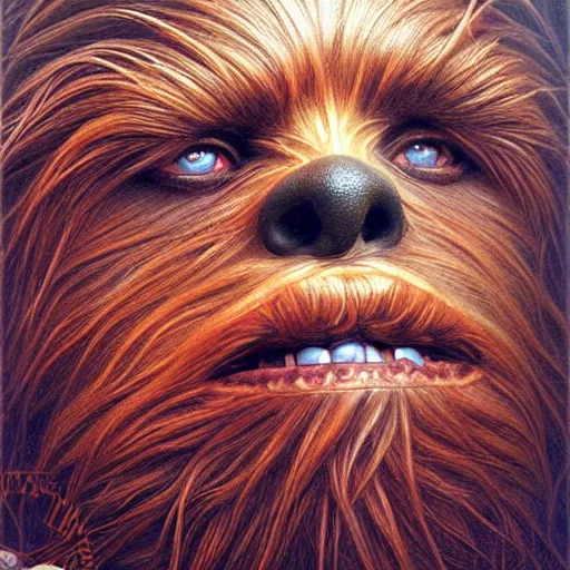 Image similar to hyper detailed masterpiece, chewbacca portrait jean giraud, digital art painting, darkwave goth aesthetic, psychedelic, artgerm, donato giancola, tom bagshaw