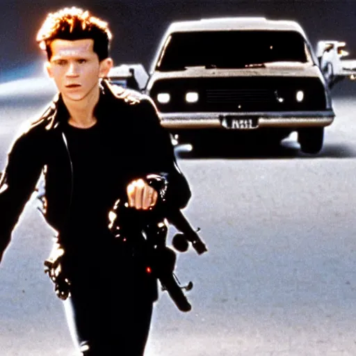 Prompt: tom holland in terminator 2,