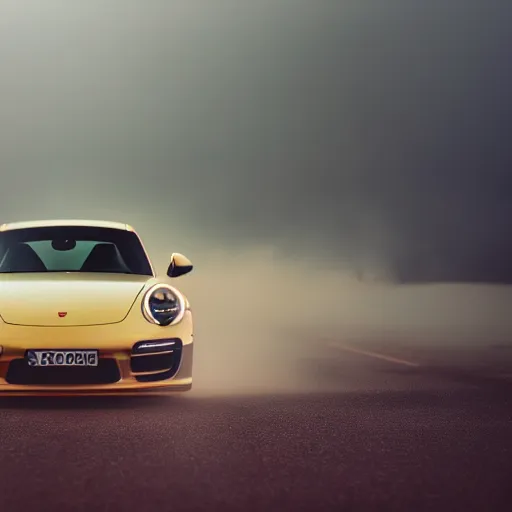 Prompt: parked red Porsche 911 Turbo car, fog, rain, volumetric lighting, beautiful, golden hour, sharp focus, highly detailed, cgsociety