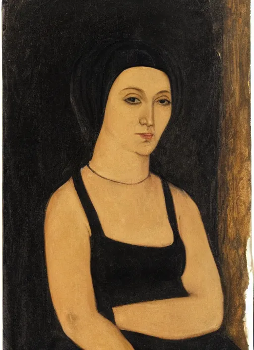 Prompt: Portrait of a woman, blonde, in a black dress with large breasts, Corneliu Baba style