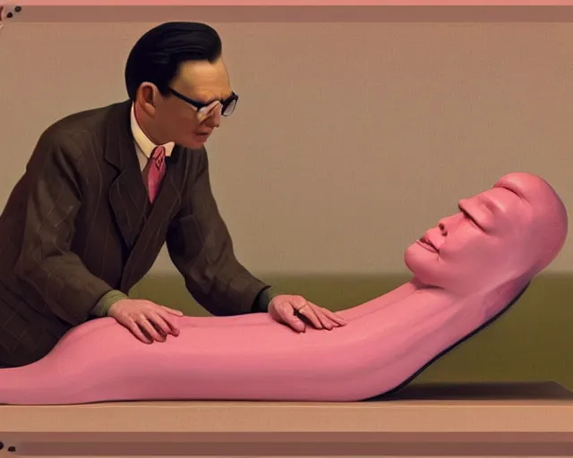 Image similar to the famous snake oil salesman Uncle Aloysius curing a patient of the pink wojacity, painting by Grant Wood, 3D rendering by Beeple, sketch by R. Crumb