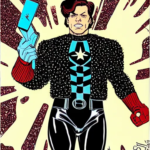 Image similar to dynamic macro full body portrait of sebastian stan super hero in a black sequined jacket by john romita sr and cory walker and ryan ottley and jack kirby and barry windsor - smith, comic, illustration, photo real