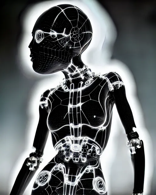 Prompt: black and white cyborg goddess high quality portrait, artificial intelligence, bio-mechanical bio-luminescence, artificial spider web, neurons, nerve cells, octane render, cinematic, hyper realism, high detail, 8k, in the style of Steven Meisel and Dora Maar and H.G. Giger