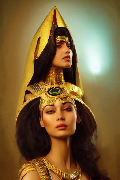 Image similar to Saba Mubarak as egyptian princess, gorgeous, portrait, powerful, intricate, beautiful, masterpiece, elegant, volumetric lighting, digital painting, highly detailed, artstation, sharp focus, illustration, Hajime sorayama, ruan jia