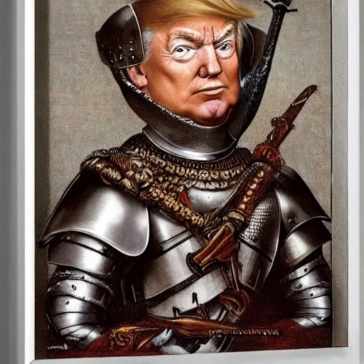 Image similar to donald trump wearing knights armor, donald trump holding a crazy broadsword, donald trump ’ s highly detailed face, by hans holbein