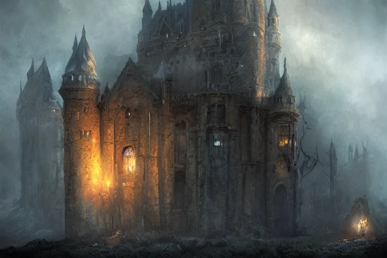 Prompt: Abandoned Castle of the Fire Goddess, atmospheric, digital art, fantasy, magic, arcane, volumetric lighting, illustration by Seb McKinnon, realistic