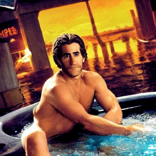 Image similar to a movie poster of Jake Gyllenhaal as patrick Swayze sitting in a hot tub in the movie Road House