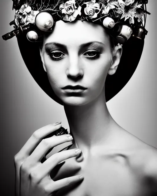 Image similar to a black and white high quality dreamy photo of a young beautiful female queen-pale dragon-vegetal-cyborg bust with a very long cyborg neck and a steampunk flower crown, elegant, highly detailed, poetic, soft, dreamy, mysterious, high fashion, in the style of Horst P. Horst, Metropolis, Realistic, Refined, Digital Art, Highly Detailed, Cinematic Lighting, rim light, black and white, photo-realistic, 8K