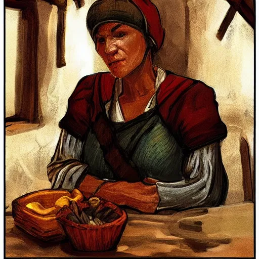 Prompt: peasant woman in medieval tavern, trending on artstation