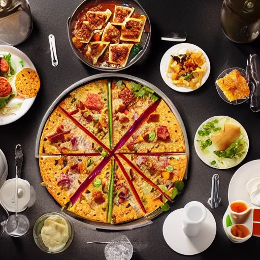 Prompt: Per Se by Thomas Keller deconstructs the Taco Bell Mexican Pizza - food photography plate from above DSLR