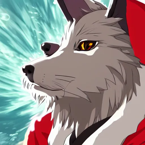 Image similar to key anime visual portrait of a handsome male anthro wolf furry fursona with beautiful eyes, wearing a hoodie, official modern animation