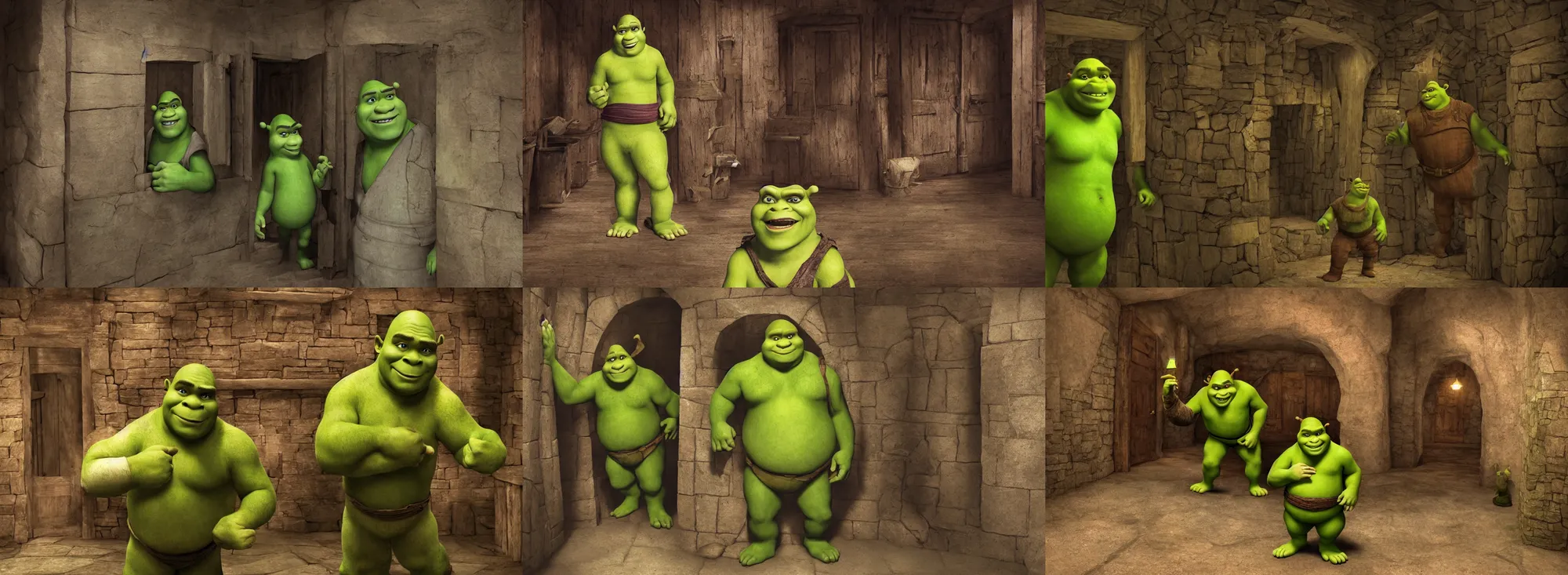 Prompt: a photo of Shrek lost in the backrooms