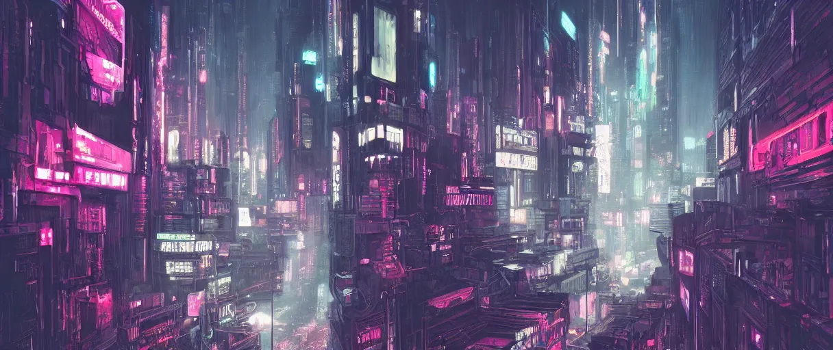 Image similar to landscape of a brutalist neon lit blade runner city in the style of Rob Lefield and Dan Mumford, trending on artstation, digital art, first person perspective, establishing shot