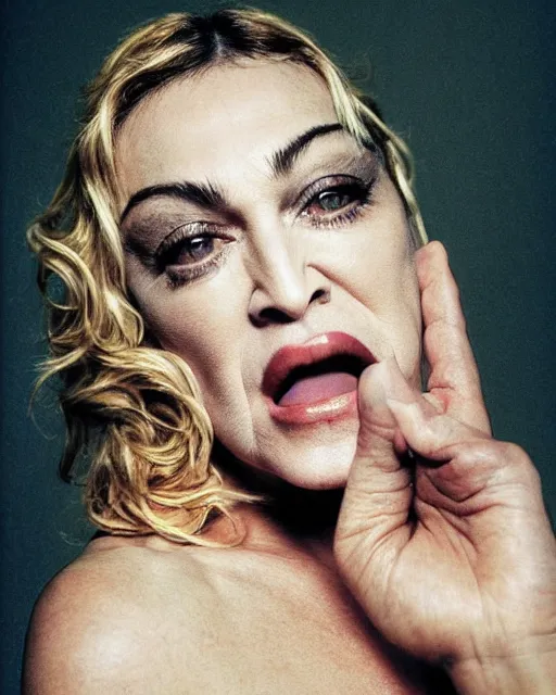 Prompt: madonna ciccone as an African Hippo, Photorealistic, photographed in the style of Annie Leibovitz