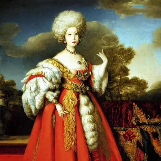 Image similar to portrait of a white poodle as an italian queen, painting by rafael