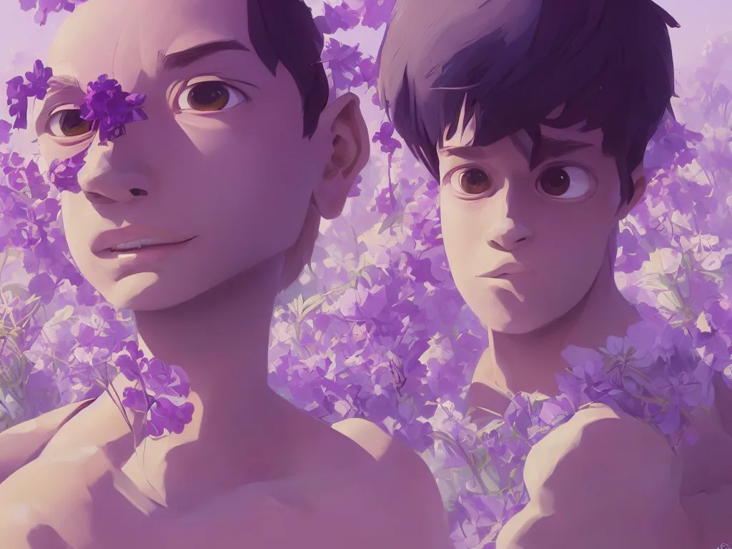 Image similar to kid with symmetrical beauty face, purple flowers of marijuana hemp cannabis, behance hd, by jesper ejsing, by rhads, makoto shinkai, lois van baarle, ilya kuvshinov, rossdraws global illumination, golden ratio