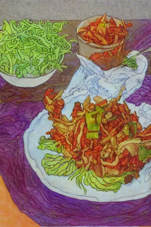 Image similar to kimchi, korean spicy fermented cabbage, by jerry pinkney