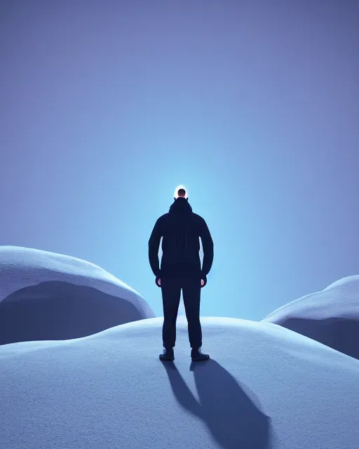 Image similar to a man standing in the middle of a mountain looking at a glowy shape, a render by filip hodas, behance contest winner, environmental art, rendered in cinema 4 d, volumetric lighting