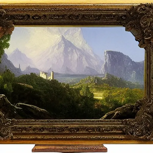 Image similar to A castle built upon a mountaintop, overlooking a large magical tree in the meadow, by Thomas Cole and Albert Bierstadt