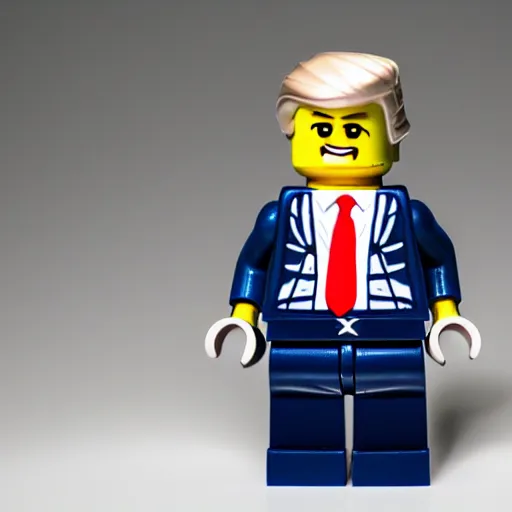 Image similar to lego figurine of donald trump, studio lighting, macro lens, high quality