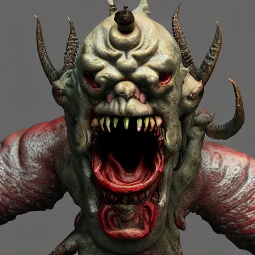 Image similar to goofy demon. eldenring boss, zbrush, arnold render, unrealengine 5, dark souls, horror, extremely detailed