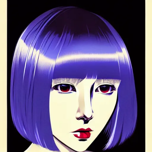 Image similar to woman with bobcut haircut with friendly eyes and slim features looking askance, underground box office hit, satire and seventies italian horror movie, intricate, ultra detailed 8 k, best, cool, extremely beautiful and aesthetic shape of face and neck, art by hiroaki samura and ilya kuvshinov and rossdraws and andy warhol, inverted