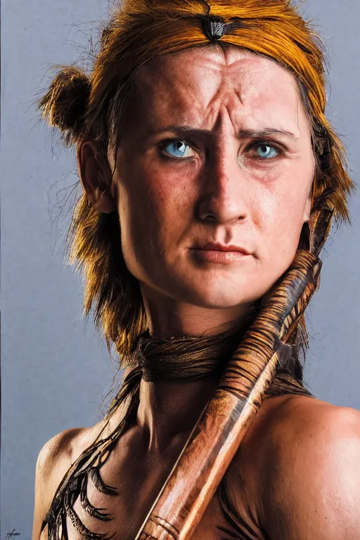 Prompt: portrait of a barbarian female, ultra sharp, very detailed, high quality focus by ian sprigger