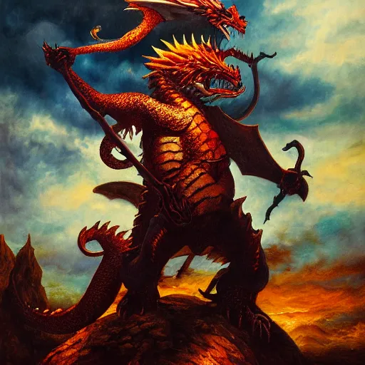 Prompt: ginger man stands triumphantly on the corpse of a dragon, oil painting, dramatic lighting, extremely detailed