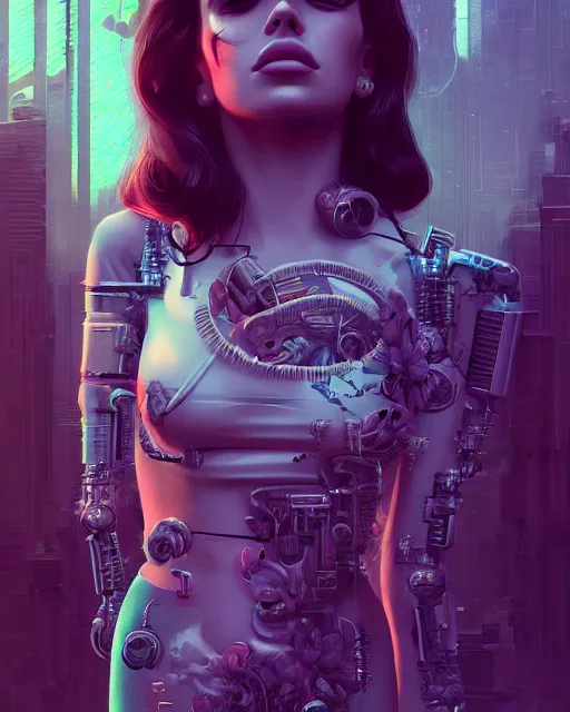 Image similar to portrait of lana del rey as a cyberpunk cyborg. roses, sci - fi, missing panels, intricate abstract, upper body, intricate artwork, by tooth wu, wlop, beeple, dan mumford. concept art, 8 k octane render, deviantart, greg rutkowski, cinematic, key art, hyperrealism, iridescent accents