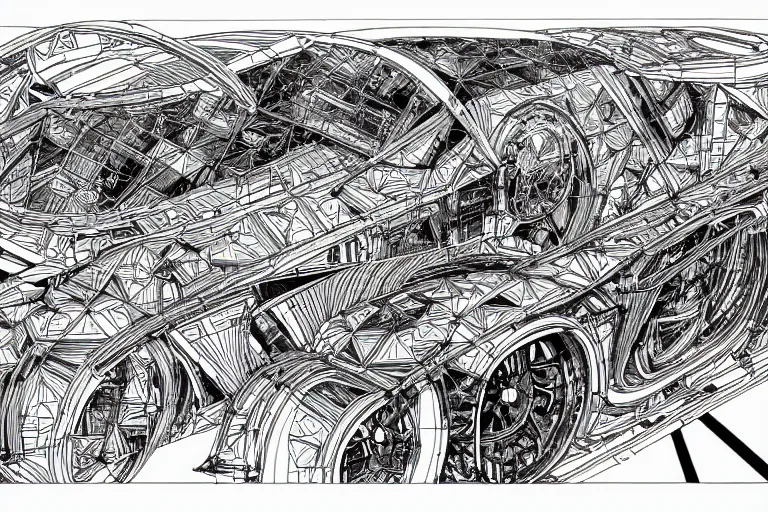 Prompt: a black and white drawing of a porsche 9 5 9 deconstructed schematic, a detailed mixed media collage by hiroki tsukuda and eduardo paolozzi and moebius, intricate linework, sketchbook psychedelic doodle comic drawing, geometric, street art, polycount, deconstructivism, matte drawing, academic art, constructivism