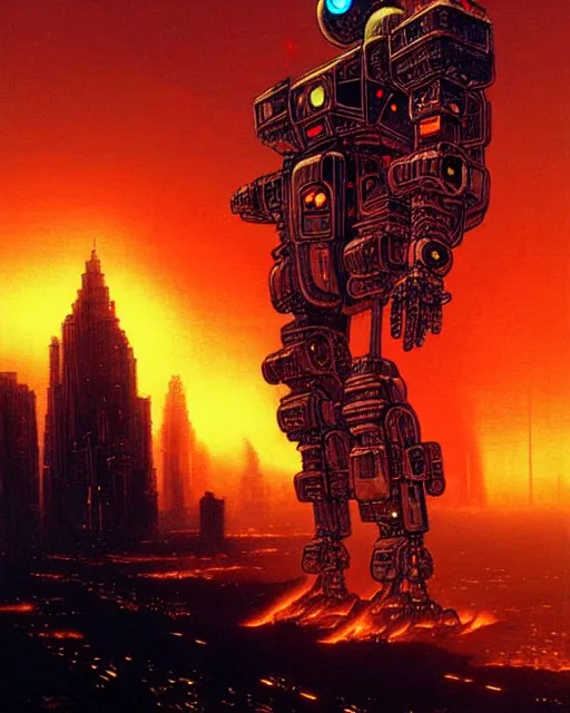 Prompt: giant robot with ominously glowing red eyes stands on top of city that is on fire, concept art, intricate details, highly detailed, in the style of chris foss, rodger dean, moebius, michael whelan, and gustave dore