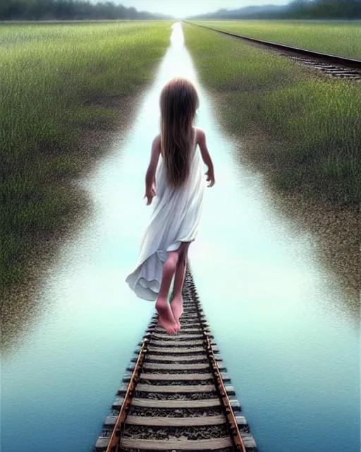 Prompt: a barefoot girl carries her shoes on a lake of reflective water and faintly visible submerged train tracks, water covers everything, large white clouds on a wide horizon, intricate, elegant, highly detailed, digital photo, artstation, concept art, smooth, sharp focus, low angle photo, art by artgerm and greg rutkowski and fra angelico