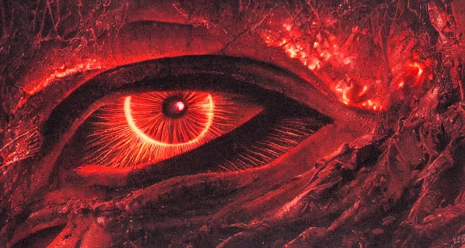 Image similar to a volcano made of ivory vines and crimson rocks enters in eruption, it spits a smoke in the shape of demonic eye, by Luis Royo,