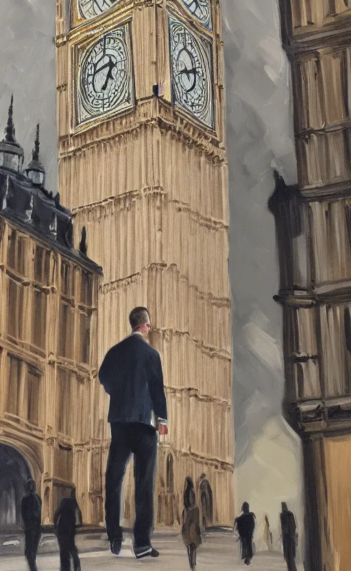 Prompt: detailed photorealistic painting of a man with the building big ben between his legs
